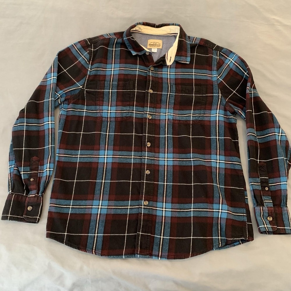 Roebuck & Co. Shirt Mens Large Blue Plaid Long Sleeve Flannel Button Front